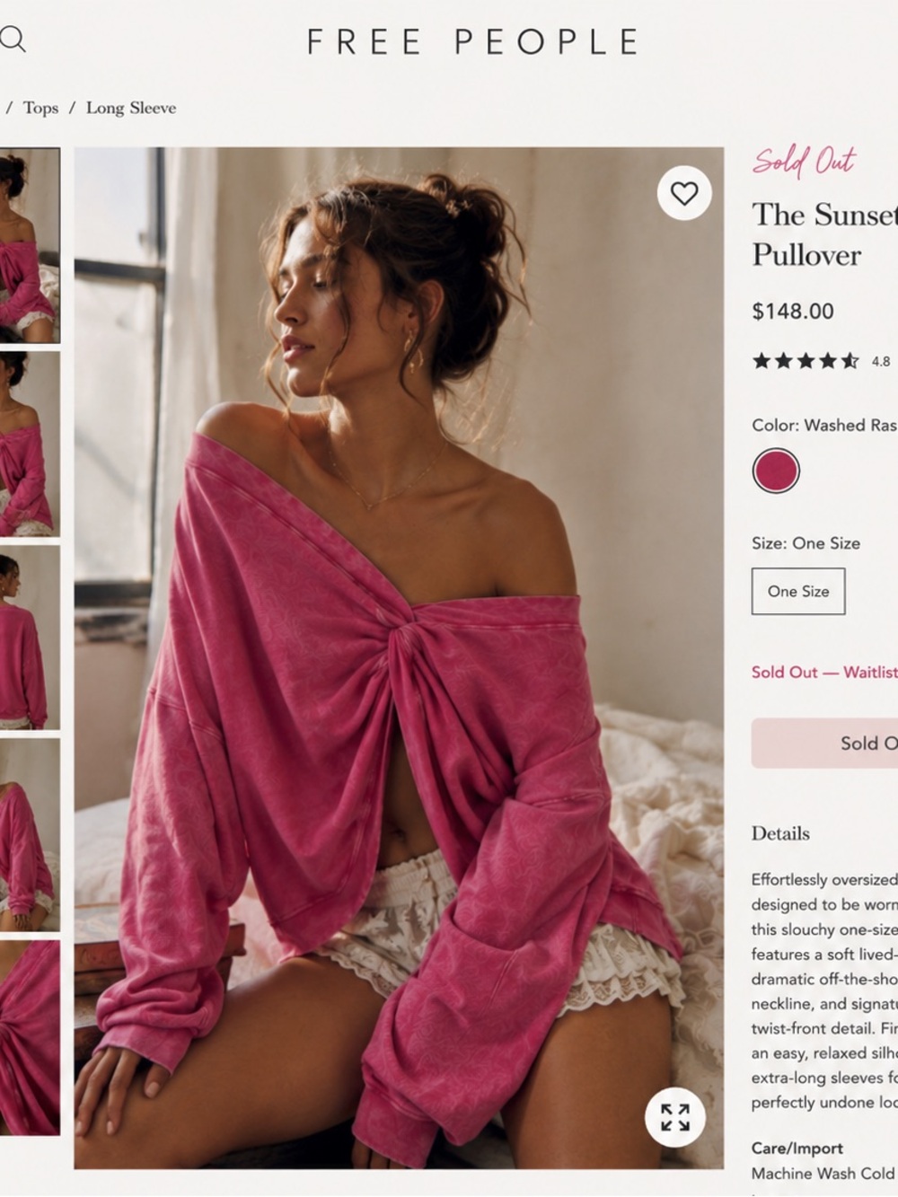 Free People Washed Raspberry Off-Shoulder Twist Pullover